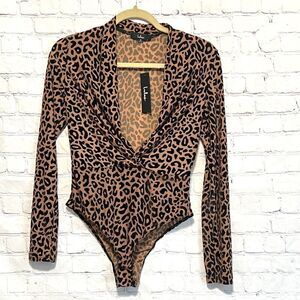 New Lulu’s Leopard Yellow Brown Bodysuit Womens Size Medium Long Sleeve